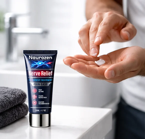 Naurozen tube resting on a bathroom sink next to a hand receiving a dab of cream