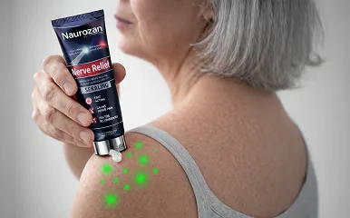 Woman applying Naurozen cream from the tube to her shoulder